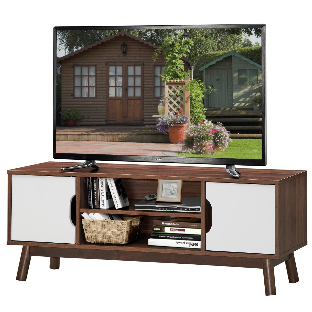 TV-Meubel In Industriële Stijl voor TV-Kasten tot 127 cm Modern Houten Multifunctioneel Opbergmeubel met Open Opbergplank (Wit)