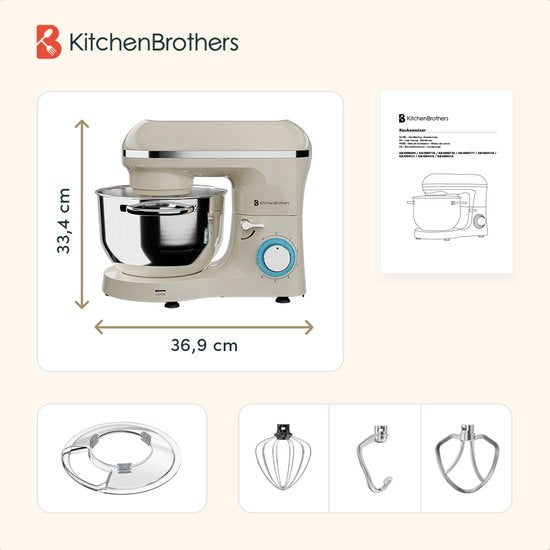 KitchenBrothers Keukenrobot - Keukenrobot - 6,2L - Mixer met Mengkom - Keukenmixer - 2000W - Champagne