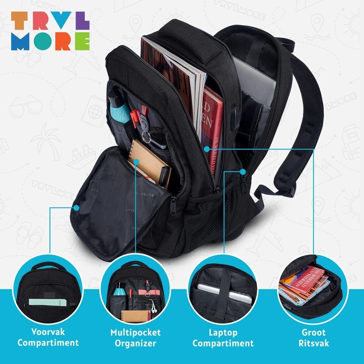 TRVLMORE Rugzak - 28L - 15,6 inch - Laptop Rugtas - Schooltas - Unisex - Spatwaterdicht Zwart