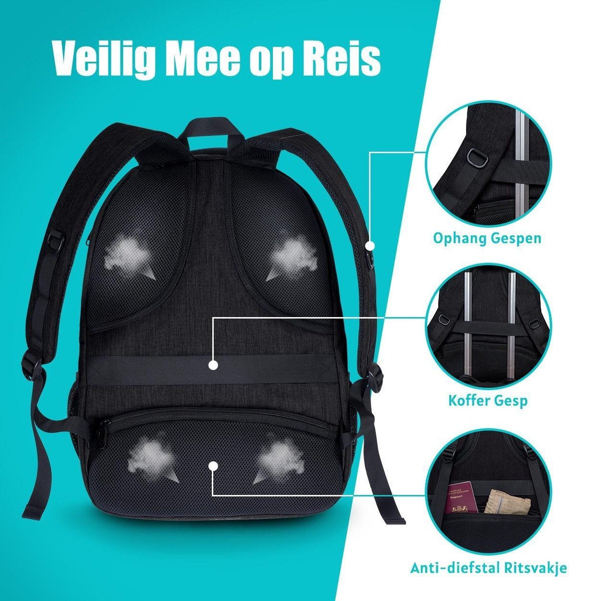TRVLMORE Rugzak - 36L - 17,3 inch - Laptop Rugtas - Schooltas - Unisex - Spatwaterdicht Zwart