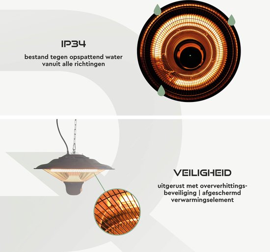 BRASQ Elektrische Terrasverwarmer Hangend PHC100 - Infrarood Heater 1500W - met Afstandsbediening - 3 warmtestanden - Voor binnen en buiten - Spatwaterdicht - Zwart