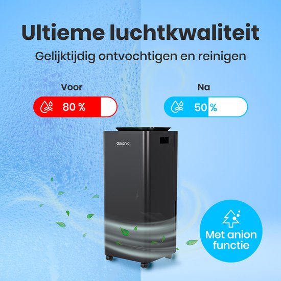 Auronic Luchtontvochtiger en Luchtreiniger - Pro Series - 20L per dag - Was-droog functie - Slaapkamer, Badkamer en Woonkamer - Vochtvreter voor in Huis - Zwart