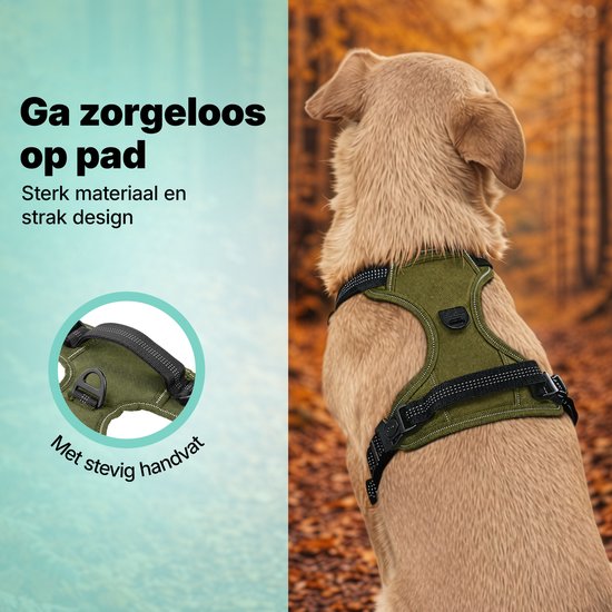 Jake en Jacky Hondentuigje - Anti-Trek Tuig - Hondenharnas - Y Tuig Hond - Reflecterend - Groen- Maat S