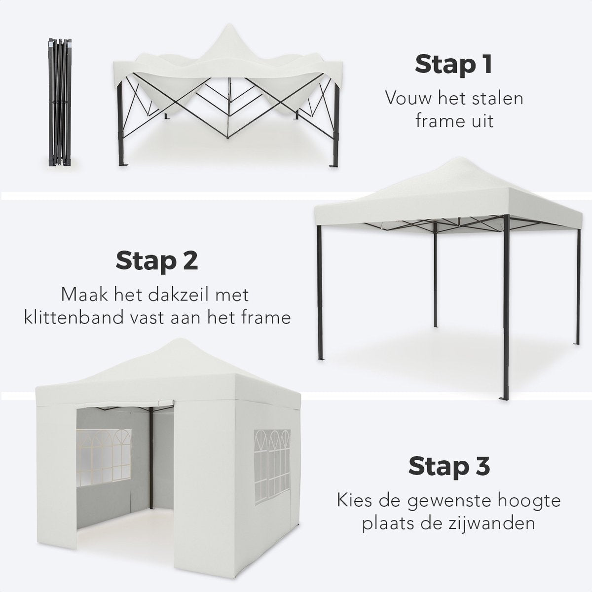 LifeGoods Partytent - Paviljoen - EasyUp - Opvouwbaar - 4 Zijwanden - Waterdicht - Met Draagtas met wieltjes - 292 x 292 cm - Wit