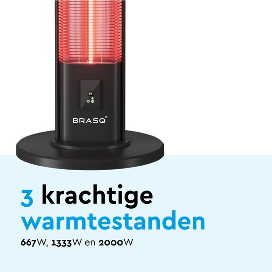 BRASQ Elektrische Terrasverwarmer staand – 2000 watt - 3 warmtestanden – met Afstandsbediening en timer – Infrarood heater – spatwaterdicht – verwarming voor binnen en buiten – Zwart