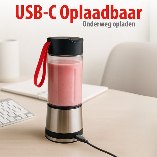 alpina Portable Blender 300ml - USB Oplaadbare Mini Smoothiemaker - Draagbare Smoothie Maker 125W - RVS Keukenmixer met 1 Snelheid - Zilver