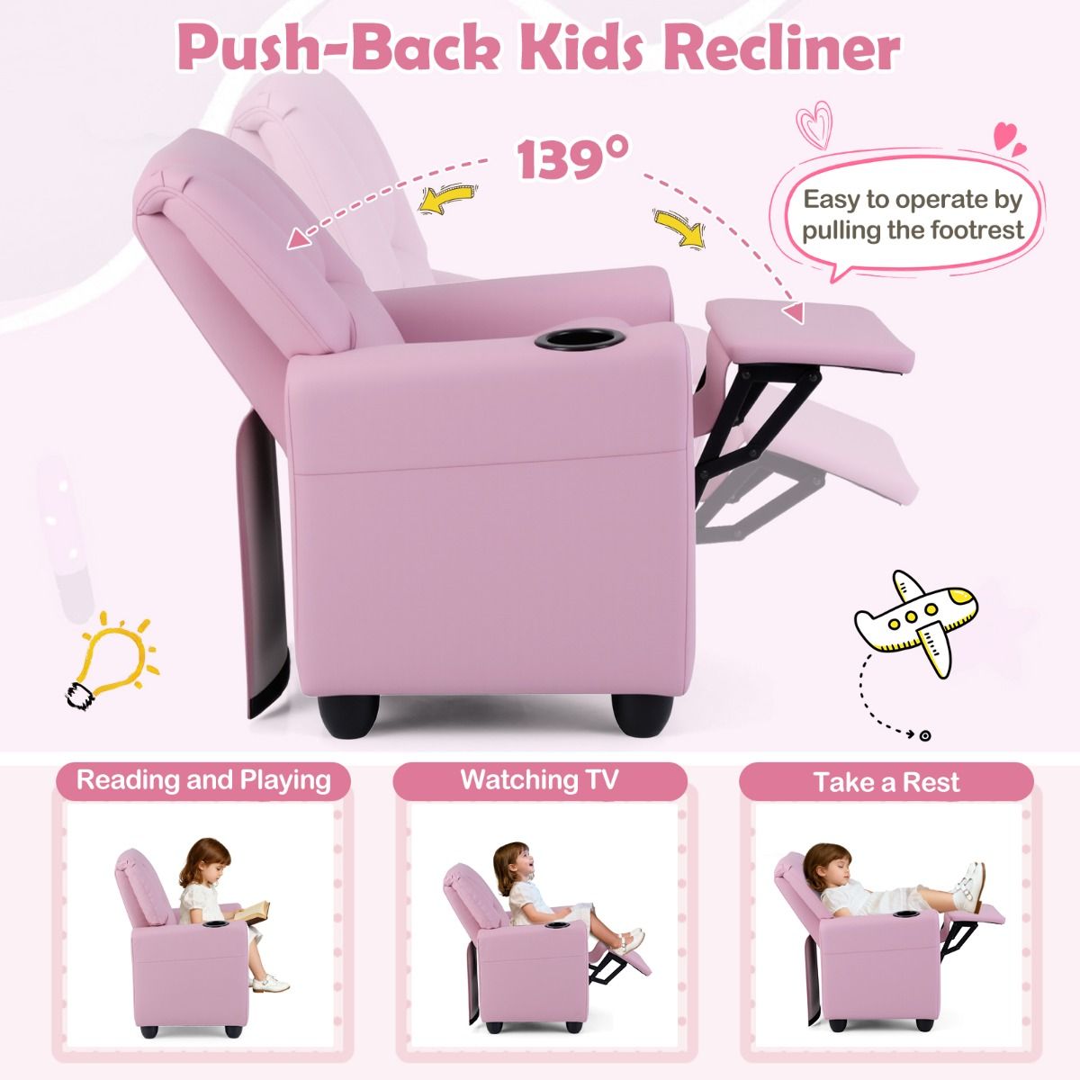 Coast Kinderfauteuil met relaxfunctie - verstelbare rugleuning en voetsteun - bekerhouder - roze