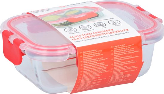 Alpina Vershouddoos – 390 ml – Borosilicaatglas – Vriezer, Magnetron, Oven & Vaatwasserbestendig – 15,5 x 11,5 x 5,5 cm – Transparant/Rood