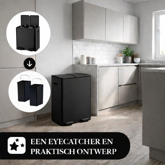Bayt Prullenbak - Prullenbak 60 Liter (2x30) - Vuilnisbak 60 Liter - Pedaalemmer 60 Liter - Prullenbak Afvalscheiding - Prullenbak 2 Vakken - Afvalbak - RVS - Zwart