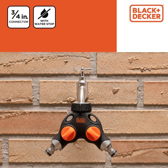 BLACK+DECKER Kraanstuk - 3/4 Inch Connector - Waterstop - 2 Weg Splitser - Zwart/ Oranje