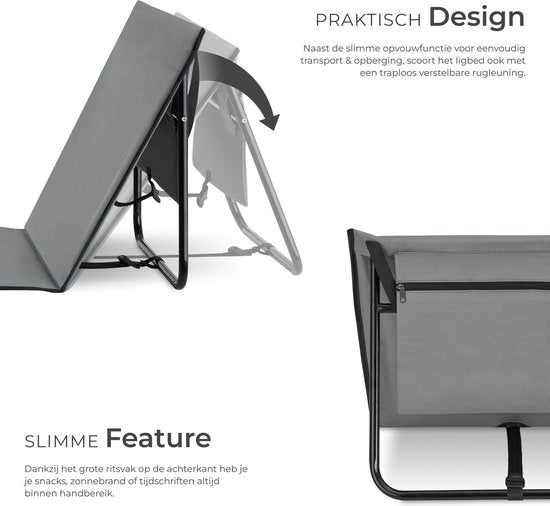 tectake® Strandmat - Set van 2 opvouwbare ligmatten met verstelbare rugleuning, draagriem en opbergvak - Ideaal voor strand, camping of tuin - Lichtgewicht en onderhoudsvriendelijk - Grijs