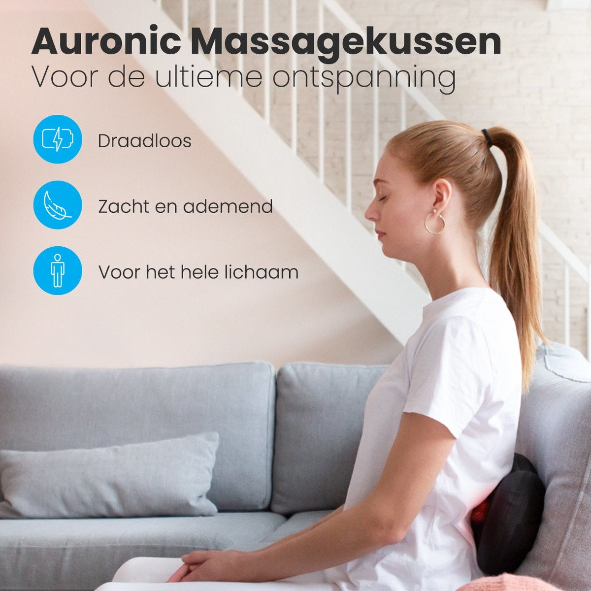 Auronic Shiatsu Massagekussen – Warmtefunctie – Automatische Uitschakeling na 15 Min – 36 x 10 x 12,5 cm – Zwart
