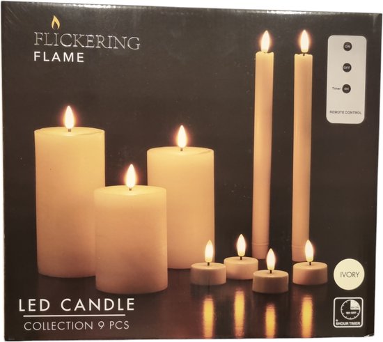 Flickering Flame LED Kaarsen Set van 9 Stuks met Afstandsbediening en Timer – Ivoor – Was