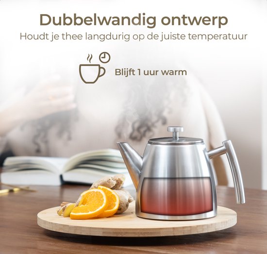 Vaja® Theepot Camille Zilver - Dubbelwandig - 1 Liter - RVS Theekan met Filter & Warmhouder