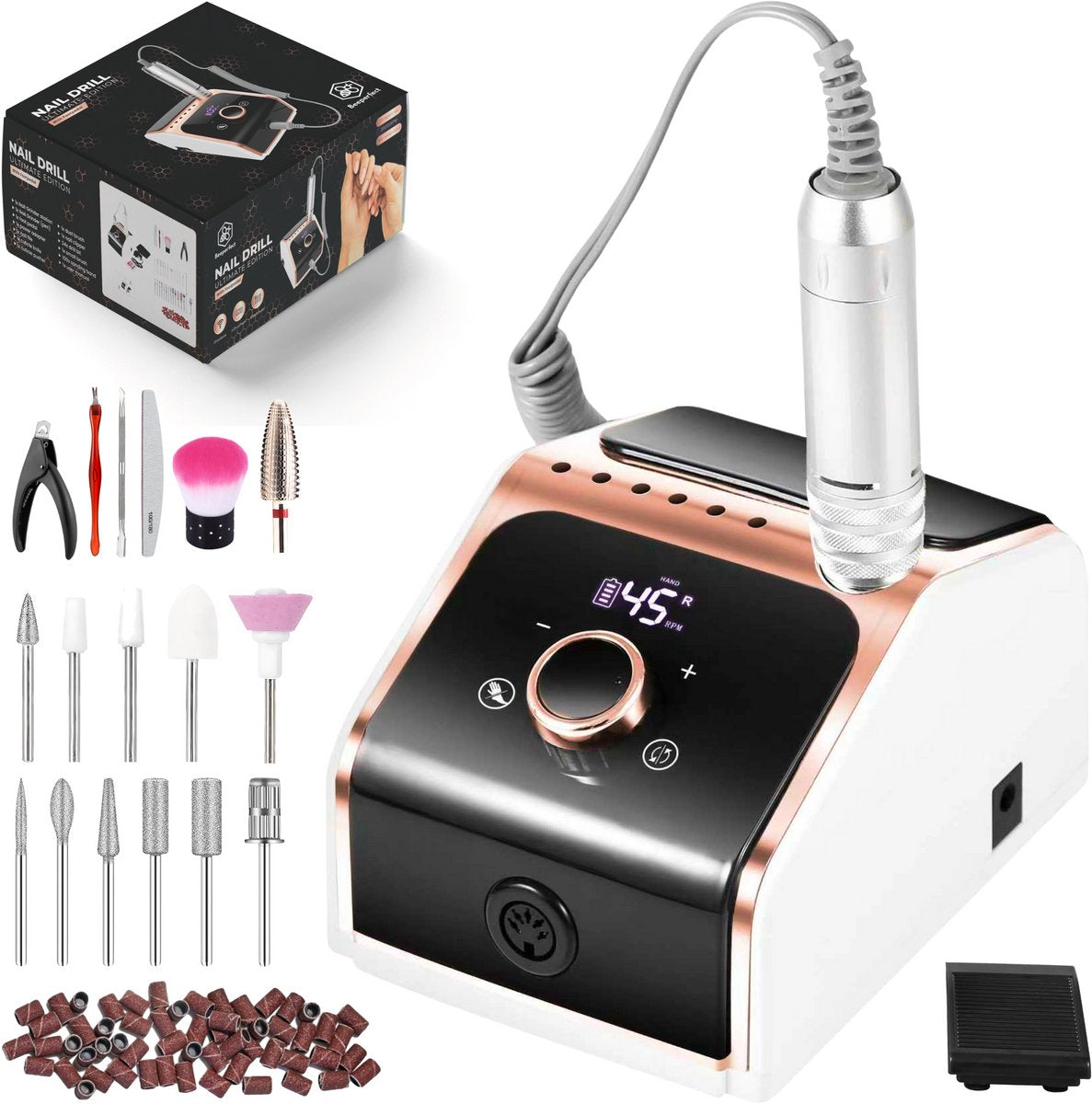 Beeperfect® Elektrische Nagelvijl Ultimate Edition – Draadloze Nagelfrees 45.000 RPM – Manicure & Pedicure Set met 11 Bitjes, 100 Schuurrolletjes & Voetpedaal – Voor Gelnagels, BIAB & Acryl