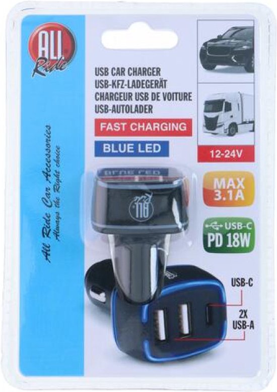 All Ride Autolader USB - 2x USB-A en USB-C Aansluiting - Power Delivery/ Fast Charge 18W - Aansluiting op Sigarettenaansteker Auto - Kunststof - Zwart