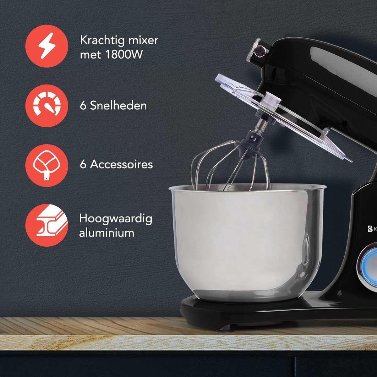 KitchenBrothers Keukenmachine - Keukenmixer met 6L RVS Mengkom - 1800W - Zwart