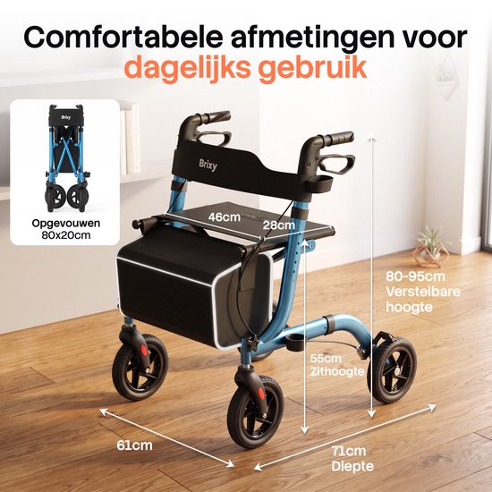 Brixy Rollator - Lichtgewicht & Opvouwbaar - 360° Rubberen Wielen - Zitfunctie - Binnen & Buiten - Rugleuning, Tas & Wandelstokhouder - Blauw