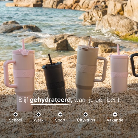 ONYX Drinkfles met Rietje 1 Liter - Waterfles voor Kinderen & Volwassenen - Thermosbeker RVS Travel Mug - Motiverende Drinkbus - Drinkbeker voor School - Candy Pink