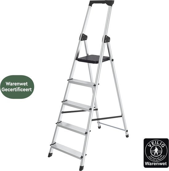BRASQ Huishoudtrap 5-treden Zilver - keukentrap inklapbaar aluminium voor Particulier en professioneel gebruik - Trap Ladder - Anti slip