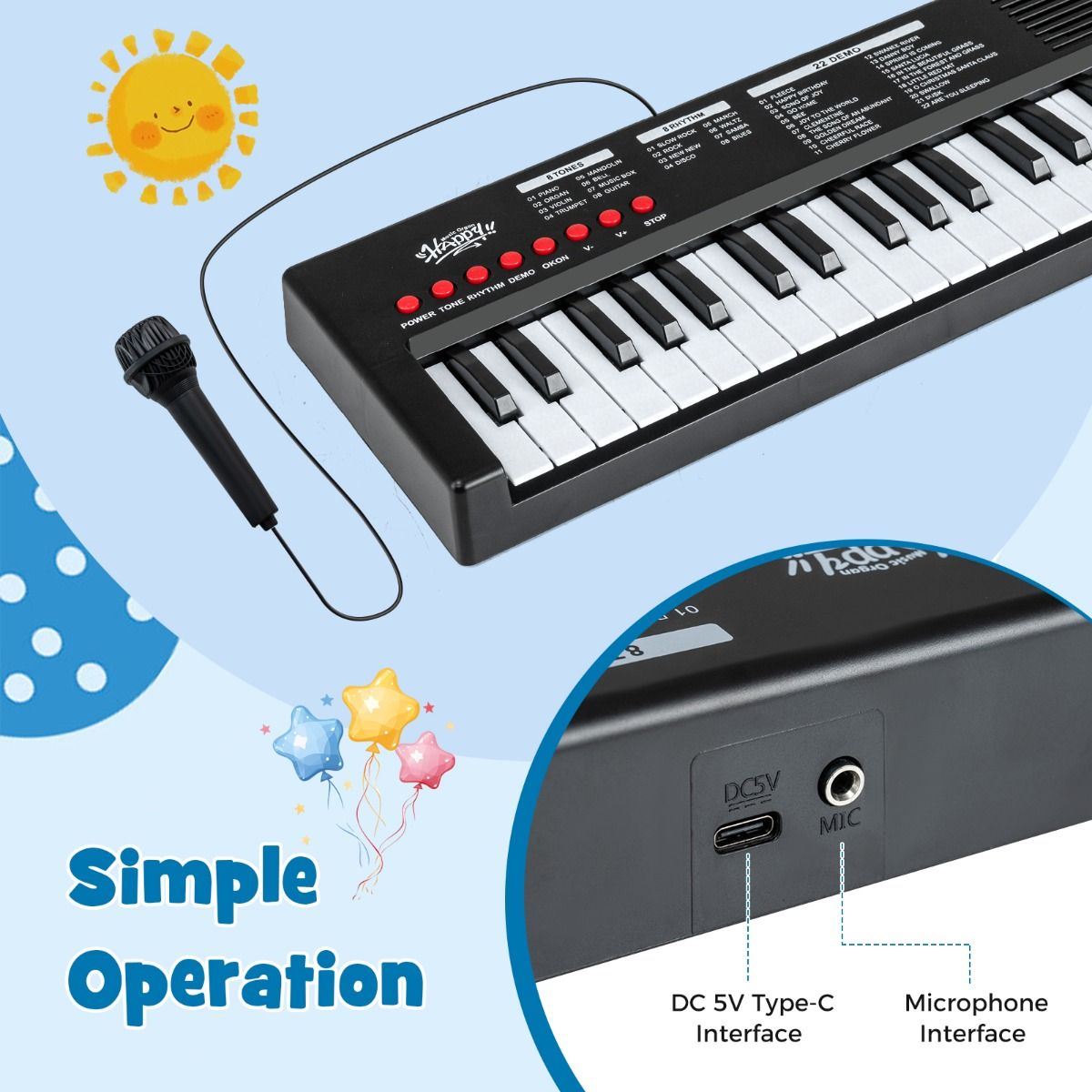 Coast Kinderkeyboard - 37 toetsen - 8 ritmes - met microfoon - zwart
