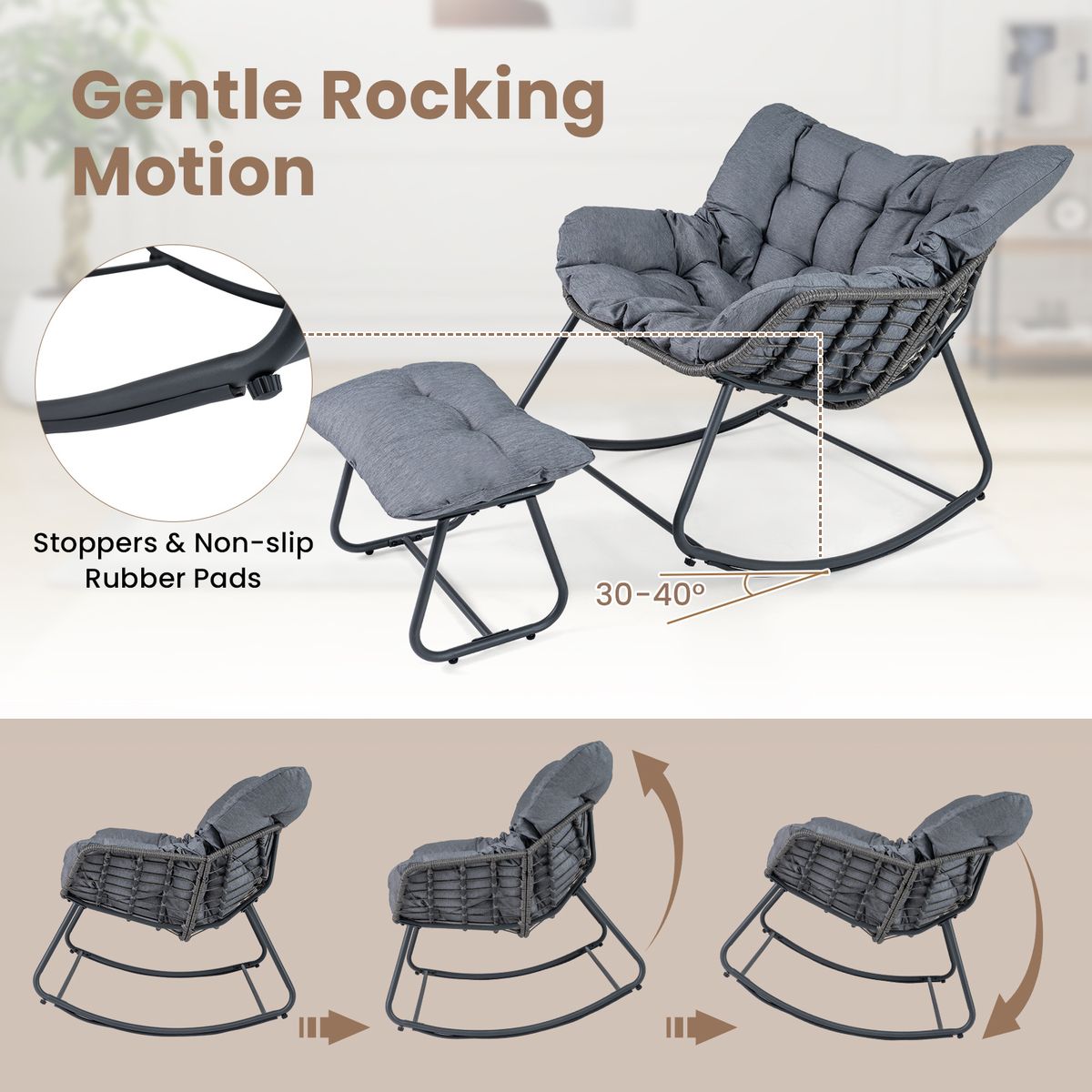 Coast Schommelstoel met voetenbank - ergonomisch ontwerp - PE-rattan en metalen frame - zwart/grijs/beige