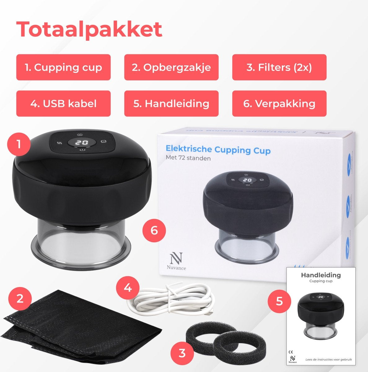 Nuvance Elektrische Cupping Cups – 12 Standen & Temperaturen – 18,1 x 13,5 x 8,9 cm – Zwart