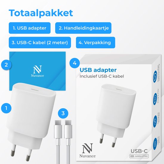 Nuvance USB C Adapter - 30W Snellader - Incl 2M 60W Kabel - USB C - Oplader - USB C naar USB C - Oplaadkabel - Wit