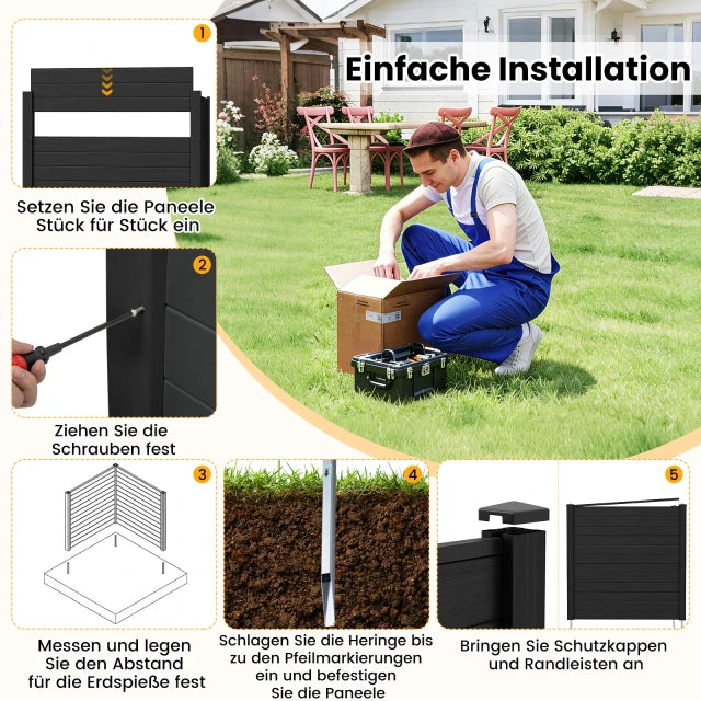 Coast Privacy Scherm Zwart – 2-Delig Buiten Schuttingpaneel met Metalen Grondpalen – 123 x 123 cm