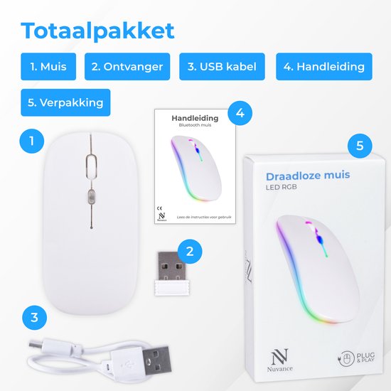 Nuvance - Draadloze Muis LED - Bluetooth - Ergonomisch - Laptop en gaming - Draadloos - Wit