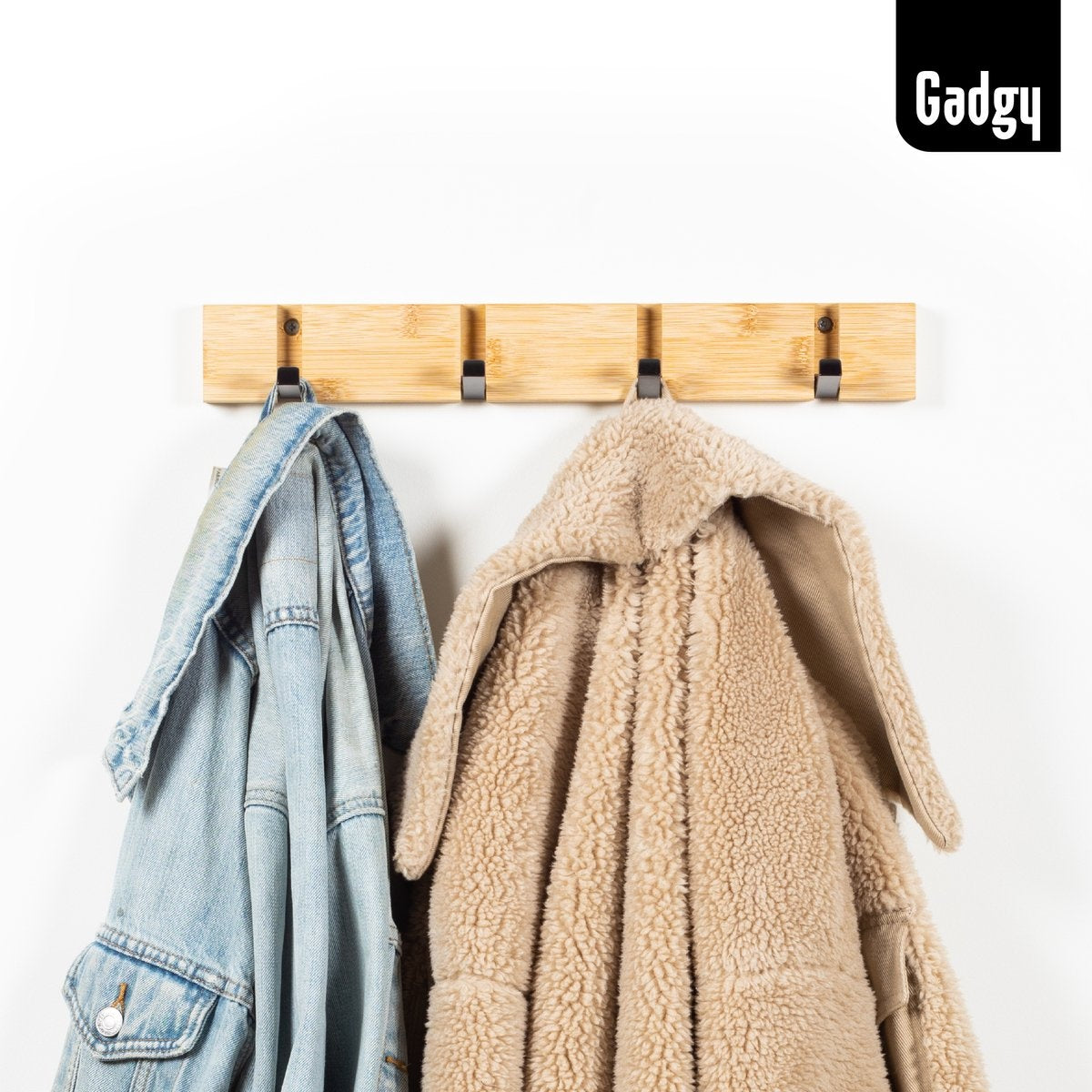 Gadgy Kapstok Hangend - Wandkapstok Hout Wand - Kinderkapstok met 8 Inklapbare Haken Zwart - Muur Kleerhanger Bamboe - Set van 2 - Max. 15kg draagkracht