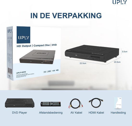 UPLY DVD Speler met HDMI - Full HD - Regiovrij - Inclusief HDMI en Afstandsbediening - DVD en CD Speler - USB