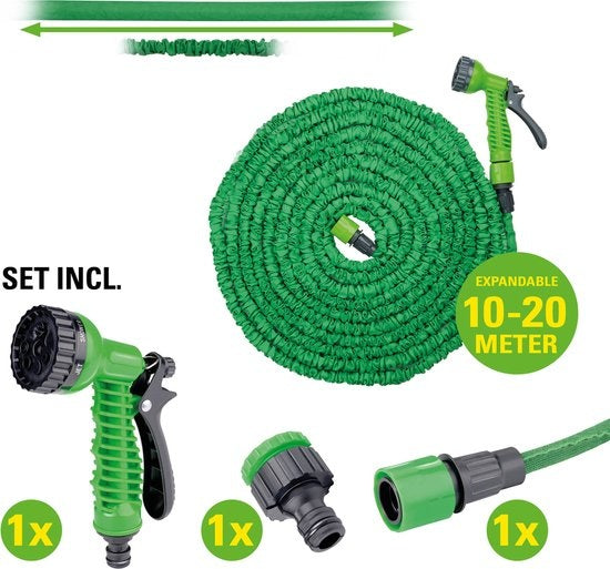 Kinzo Flexibele Tuinslang 20M - Incl. Opzetstuk - Sproeikop met 7 Spraystanden - Kunststof - Groen/Grijs