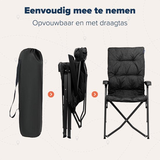 TRVLMORE Campingstoel - Inclusief Draagtas - Comfortabele Vouwstoel - 150 kg draagvermogen - Kampeerstoel - Opbergvak - Klapstoel - Zwart