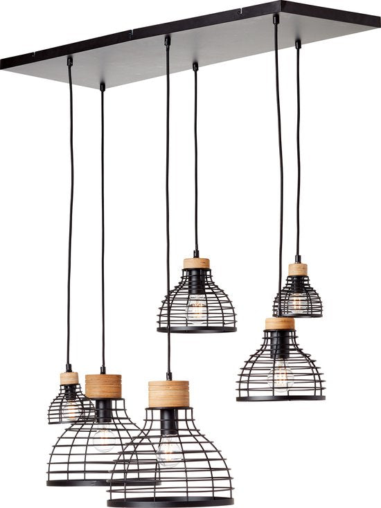Brilliant Avia - Hanglamp - E27 max 6x40W - Zwart/Houtkleur - 35 x 95 x 140 cm