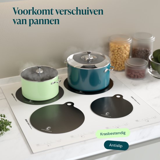 Castagnola Inductie Beschermer - Panbeschermer Hittebestendig tot 280ºC - Afdekplaat voor Kookplaat & Inductieplaat - Antislip Pannen Onderzetter Mat - Set van 4: 1x18cm, 2x22cm en 1x24cm