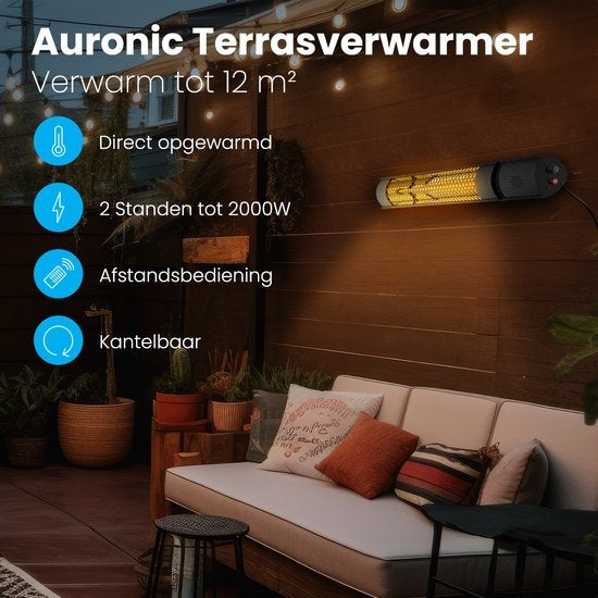 Auronic Terrasverwarmer - Infrarood - Heater - Elektrisch - 2000W - Afstandsbediening - 2 Standen - Zwart