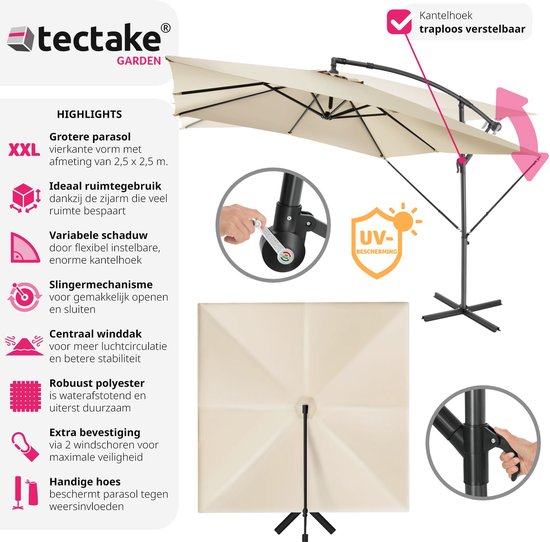 tectake - Rechthoekige parasol met beschermhoes en zwengel - Zweefparasol - Waterafstotend - Zonwering voor terrassen, tuinen en patio's - Balkonparasol groot - Marktparasol - Ø 250 cm - Beige