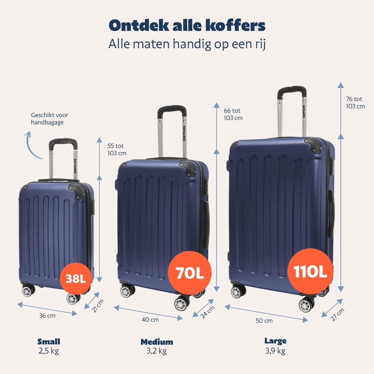 TRVLMORE Kofferset - 3 Delig - Complete Set - 38L Handbagage + 70L en 110L Ruimbagage - Donkerblauw