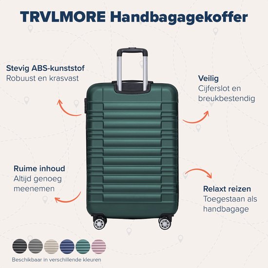 TRVLMORE Koffer - Handbagage Trolley - Cijferslot - Trolley - 54x36x20cm - 38L - Donkergroen