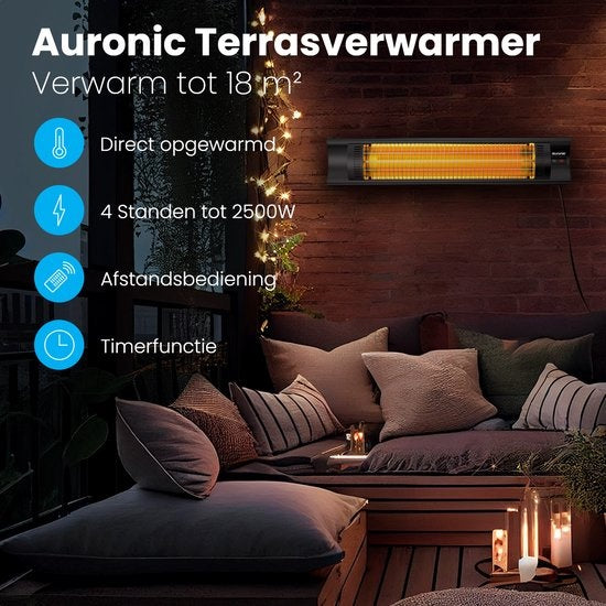 Auronic Terrasverwarmer - Infrarood - Heater - Elektrisch - 2500W - Afstandsbediening - 4 Standen - Zwart