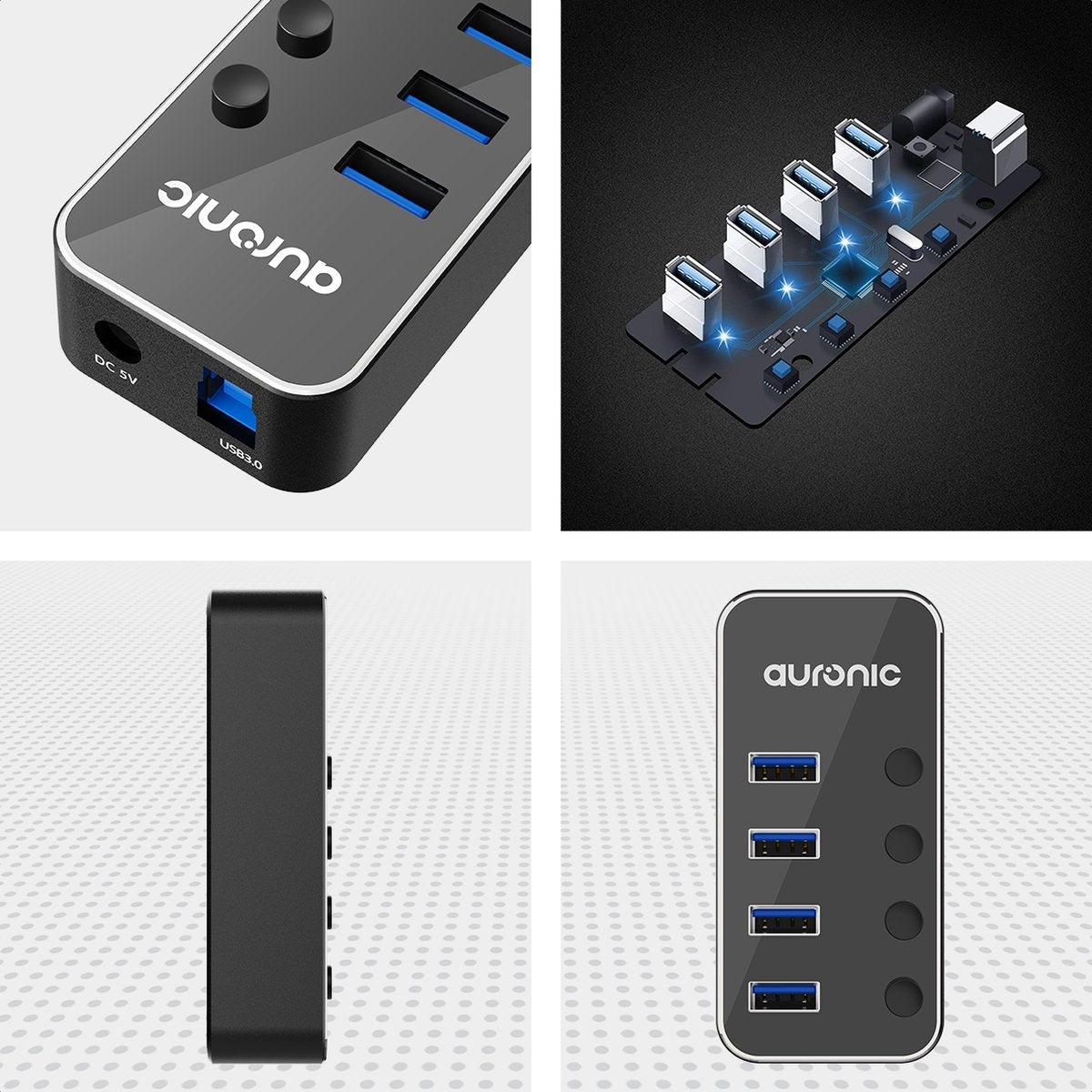 Auronic USB Hub 3.0 - USB Splitter met 4 Poorten - met Voeding - 5 GBPs - Led Indicatie - Zwart