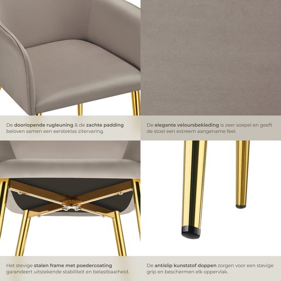 tectake® Eetkamerstoel Avane - Fluweellook - Gestoffeerde stoel met ergonomische armleuningen - Slanke stalen gouden poten - Draagkracht 120 kg - Comfortabele eetkamer- en keukenstoel - Set van 2 - Taupe