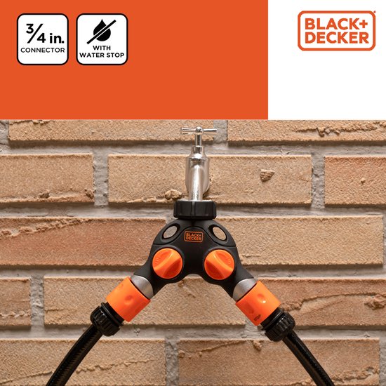 BLACK+DECKER Kraanstuk - 3/4 Inch Connector - Waterstop - 2 Weg Splitser - Zwart/ Oranje
