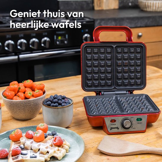 Gadgy Retro Wafelijzer - Anti-Aanbaklaag - 1000 Watt - Regelbare Thermostaat - Rood - 25.6x23.7x9.6 cm