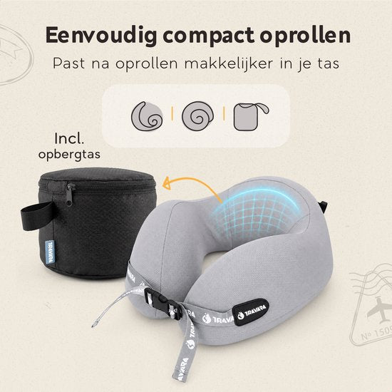 TRAVARA Nekkussen The Airhugger - Reiskussen - Voor Vliegtuig - Auto kussen - Traagschuim - Opblaasbaar en Memory Foam Combinatie - Lichtgrijs