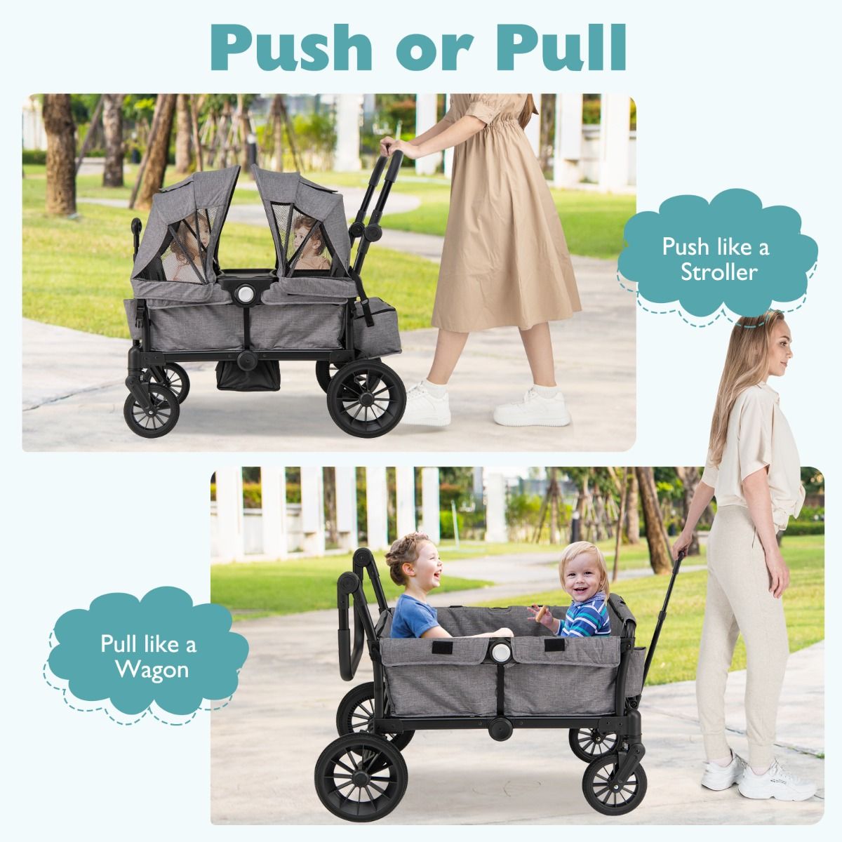 Coast 2-in-1 Opvouwbare Geschwisterwagen - Grijs - 104 x 57 x 107 cm – Verstelbare Handgreep & Afneembare Kap