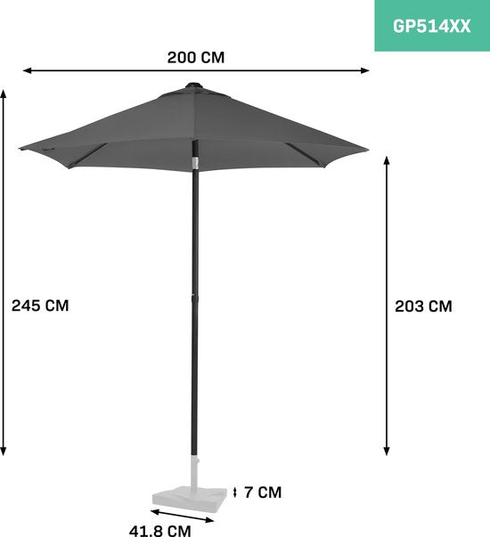 VONROC Premium Parasol Torbole – Ø200cm - Duurzame stokparasol – UV werend doek - Grijs – Incl. beschermhoes