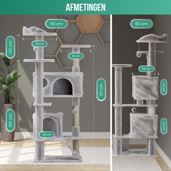 Avalo Krabpaal Voor Katten Met 7 Niveaus - 137x49x49 CM - Lichtgrijs - Krabpaal Voor Grote Katten