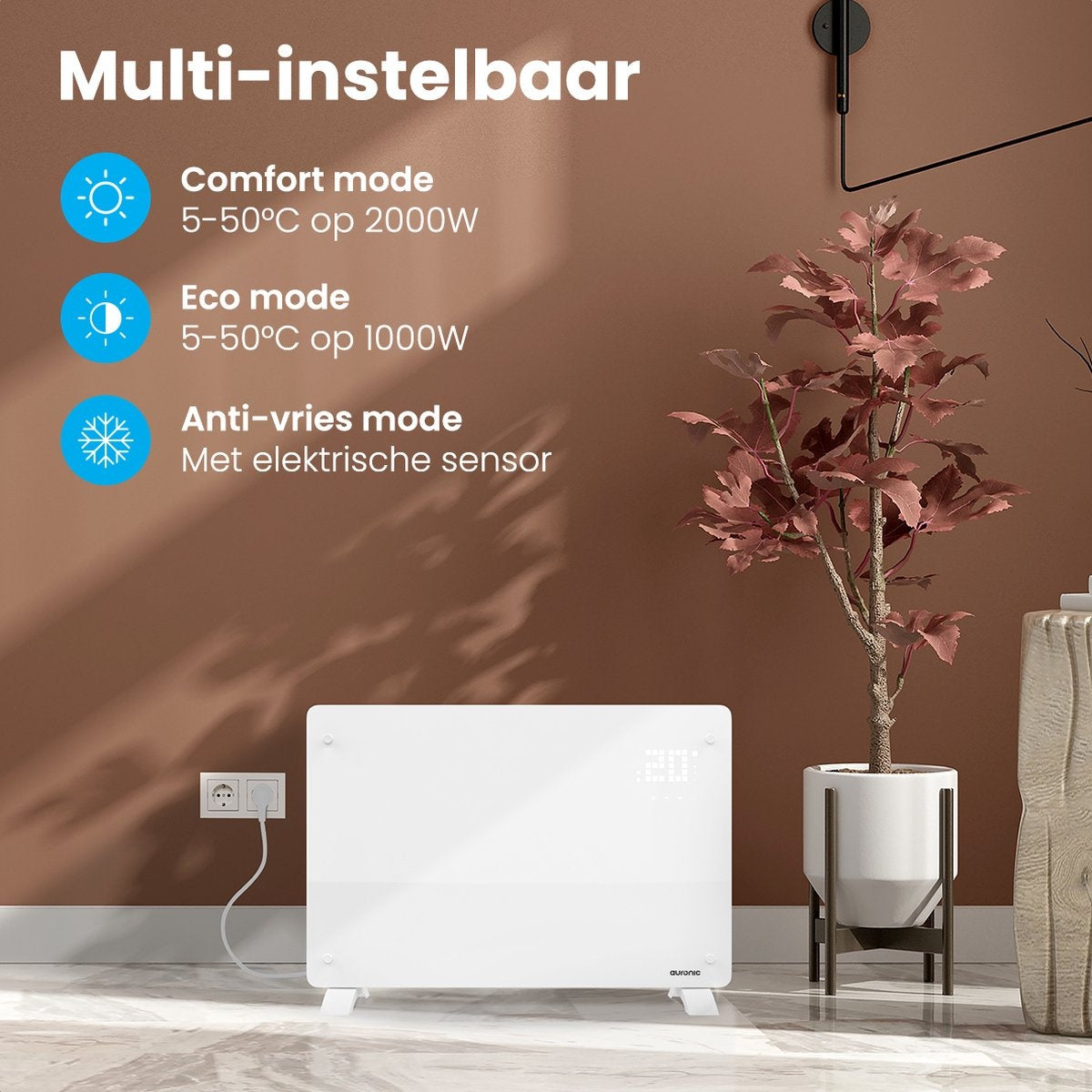 Auronic Elektrische Kachel Convectorkachel met Thermostaat en Afstandsbediening - Paneelverwarming -tot 22 m2 - 2000W Heater - Wit